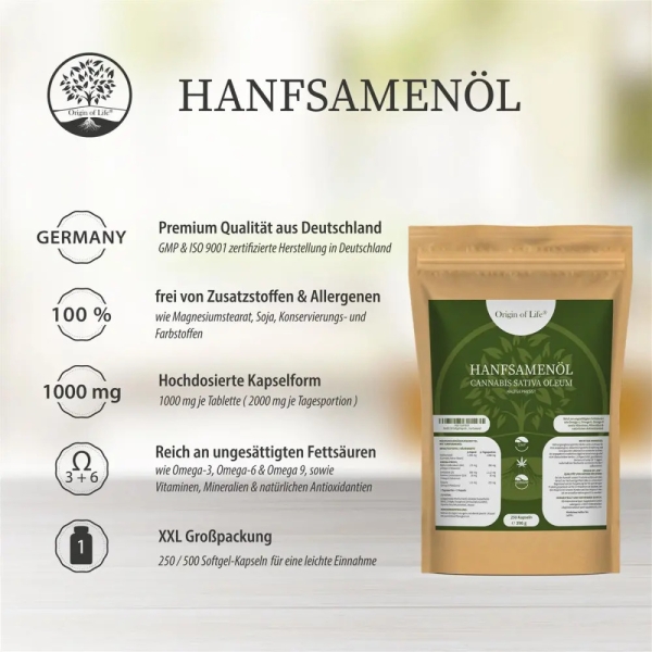 250 Hanföl-Softgelkapseln - hochdosiert mit je 1000mg - kaltgepresst & naturbelassen - Premium Qualität Made in Germany